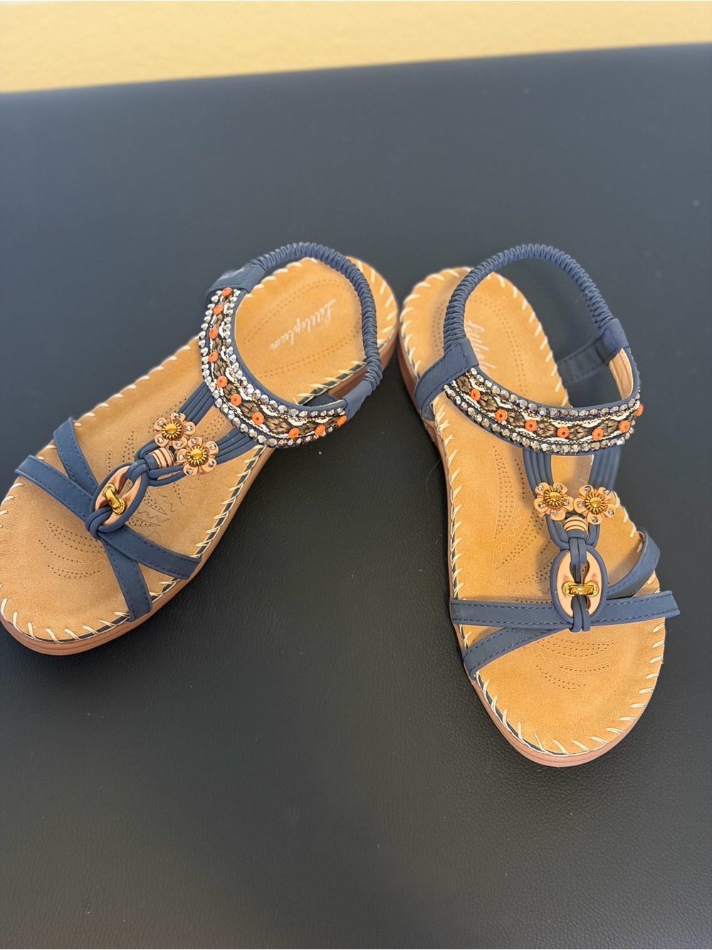 Women’s Navy Floral Bead Embellished Slingback Sandals